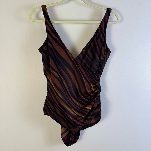 Miraclesuit Striped Bronze Brown Black Maroon 12 Slimming Ruched One Piece Suit - Picture 1 of 11